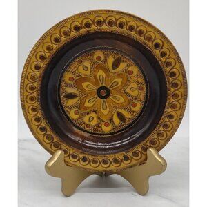 Vtg Polish Carved Floral Wood Wire Folk Design Plate 6.5" Provenance 1981